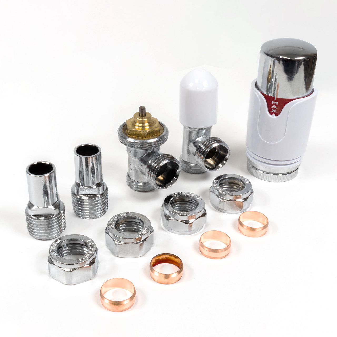 Thermostatic TRV Angled Radiator Valves 1/2" x 15mm Lockshield Pack (White & Chrome)