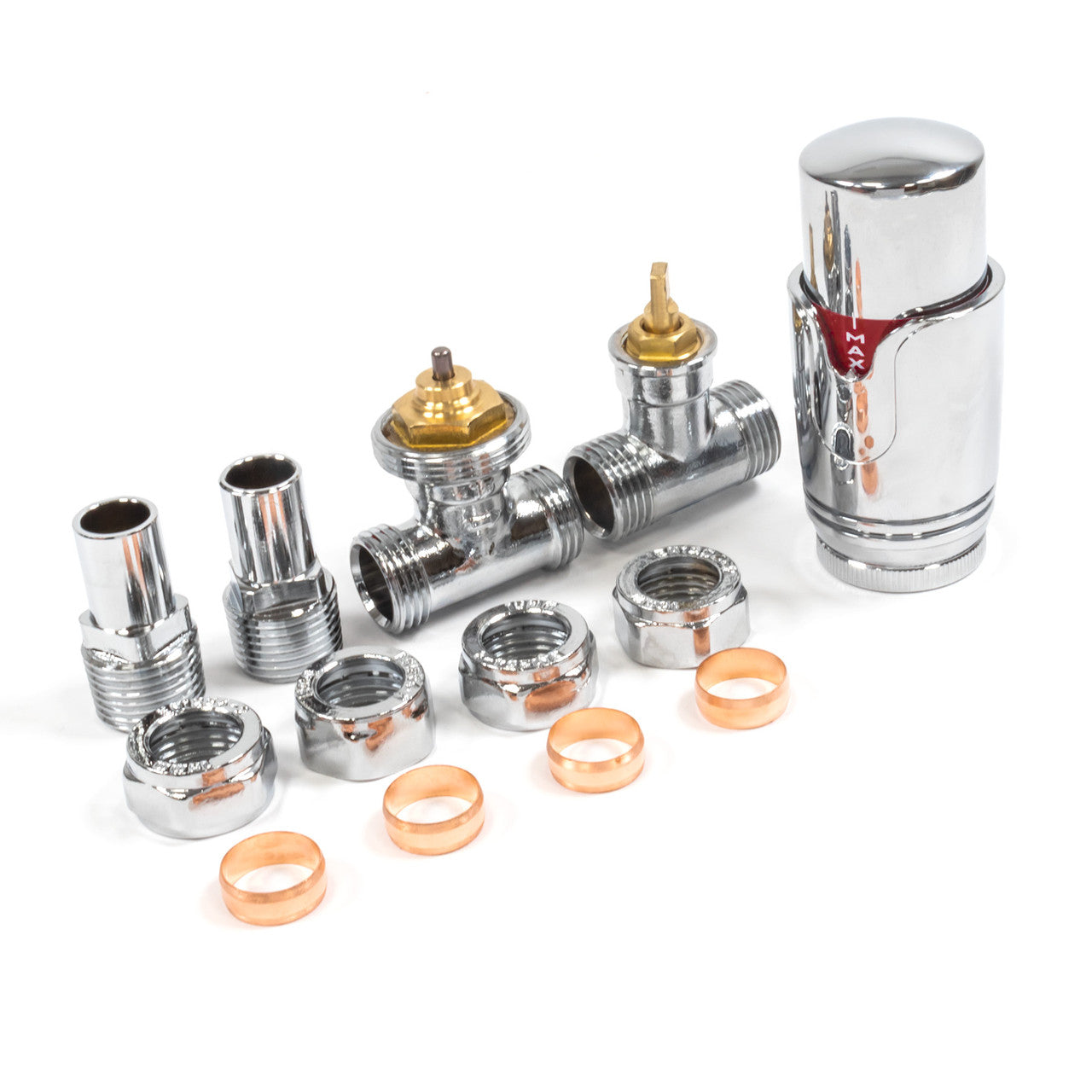 Thermostatic TRV Straight Radiator Valves 1/2" x 15mm Lockshield Pack (Chrome)