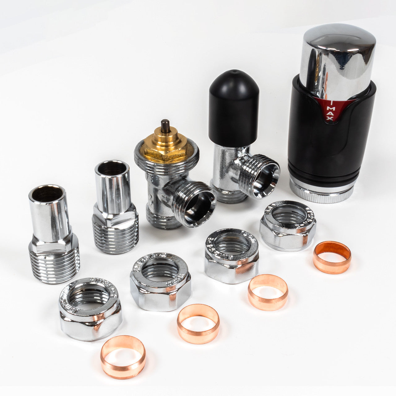 Thermostatic TRV Angled Radiator Valves 1/2" x 15mm Lockshield Pack (Black Chrome)