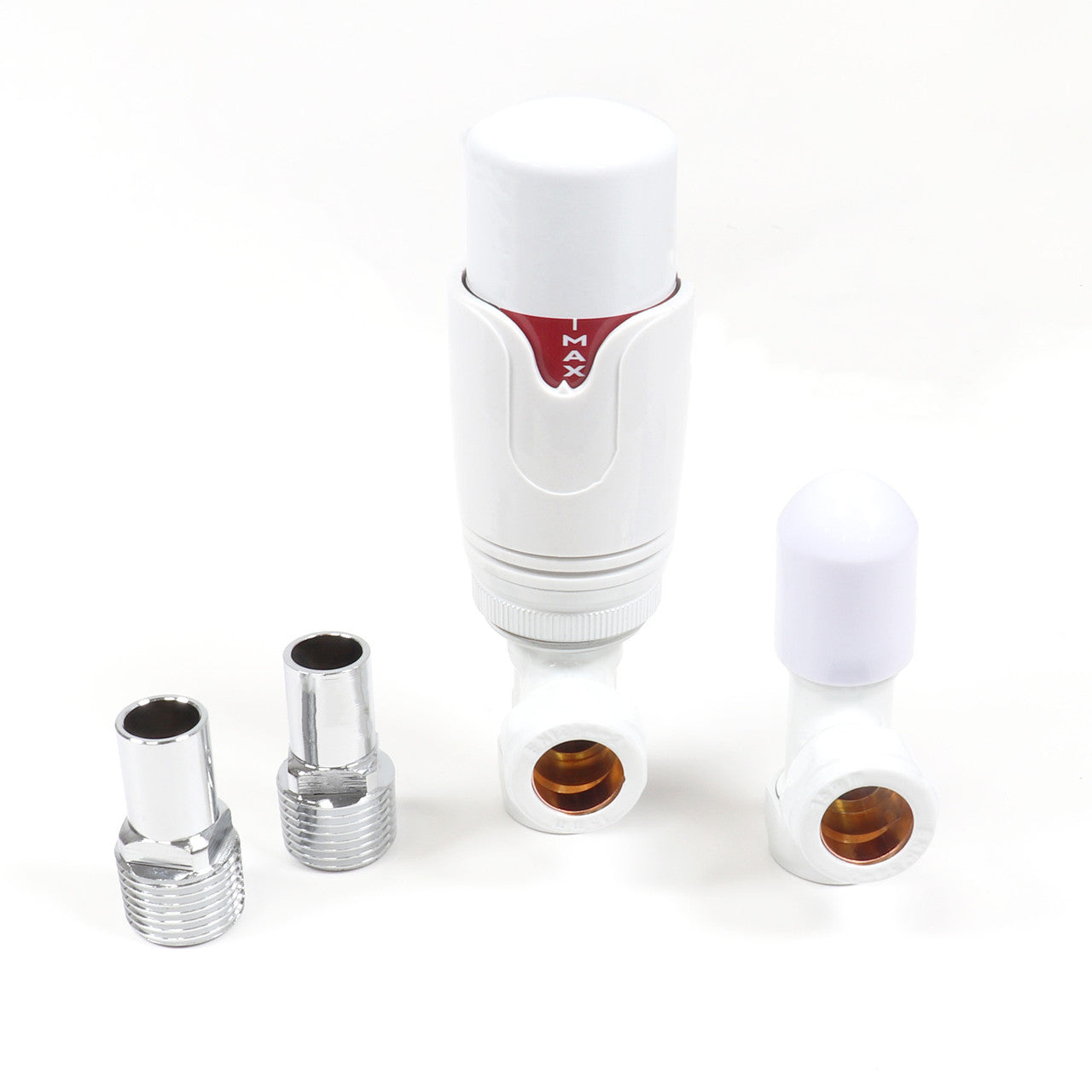 Thermostatic TRV Angled Radiator Valves 1/2" x 15mm Lockshield Pack (White)