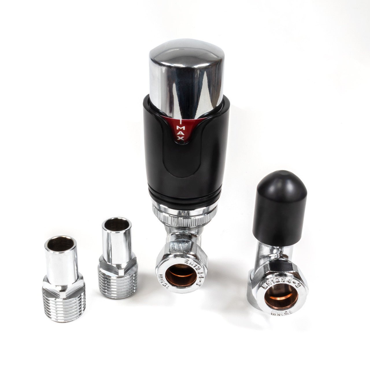 Thermostatic TRV Angled Radiator Valves 1/2" x 15mm Lockshield Pack (Black Chrome)