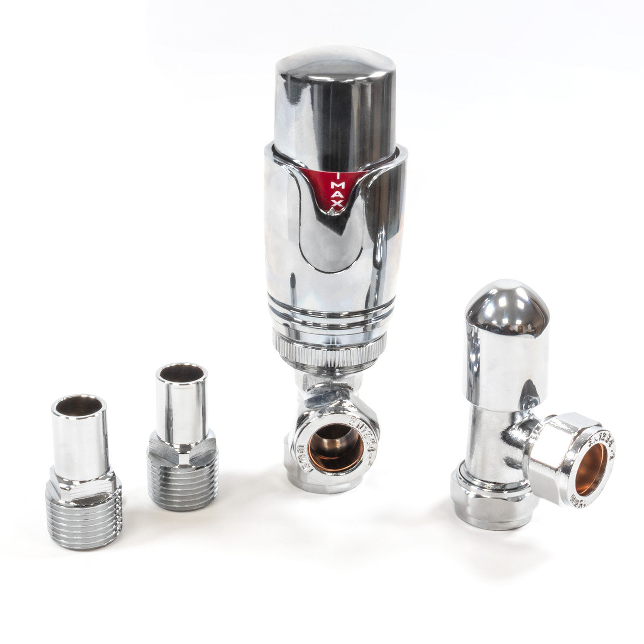 Thermostatic TRV Angled Radiator Valves 1/2" x 15mm Lockshield Pack (Chrome)
