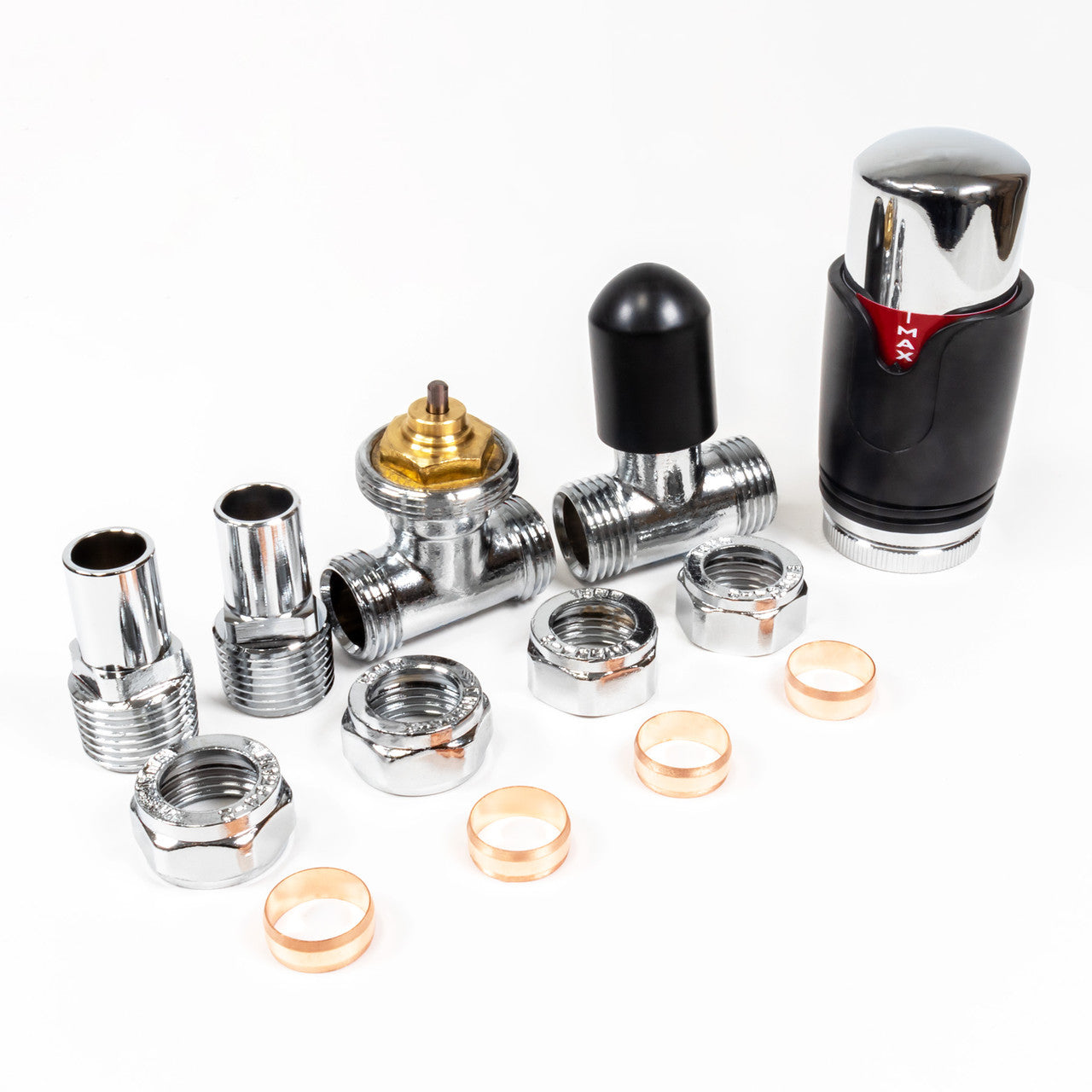 Thermostatic TRV Straight Radiator Valves 1/2" x 15mm Lockshield Pack (Black Chrome)