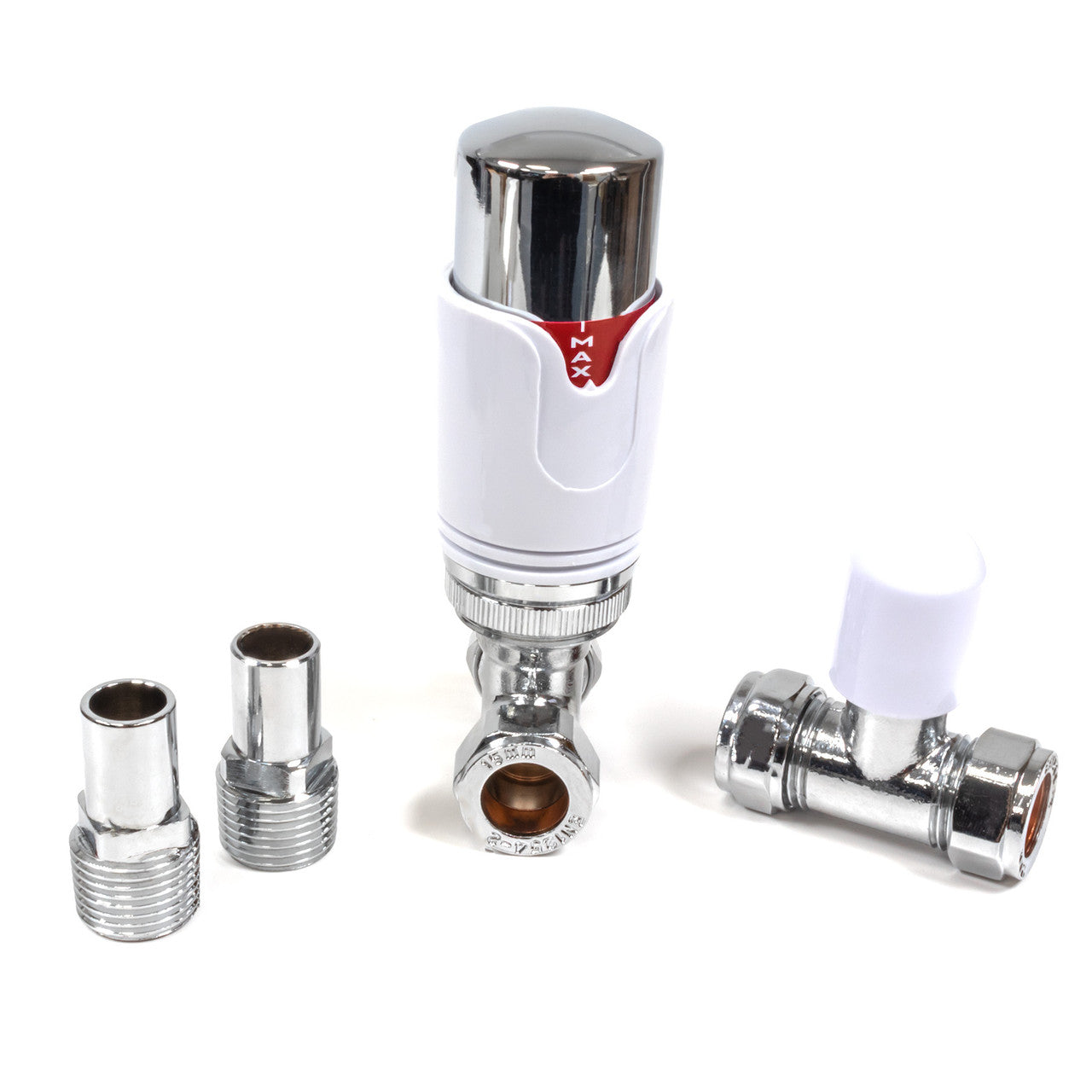 Thermostatic TRV Straight Radiator Valves 1/2" x 15mm Lockshield Pack (White Chrome)
