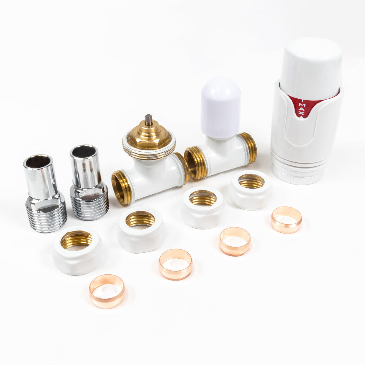 Thermostatic TRV Straight Radiator Valves 1/2" x 15mm Lockshield Pack (White)