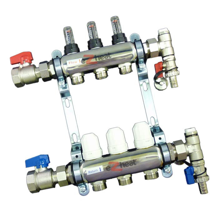 Stainless Steel 3 Port / 3 Loop Underfloor Heating Manifold c/w Ball Valves