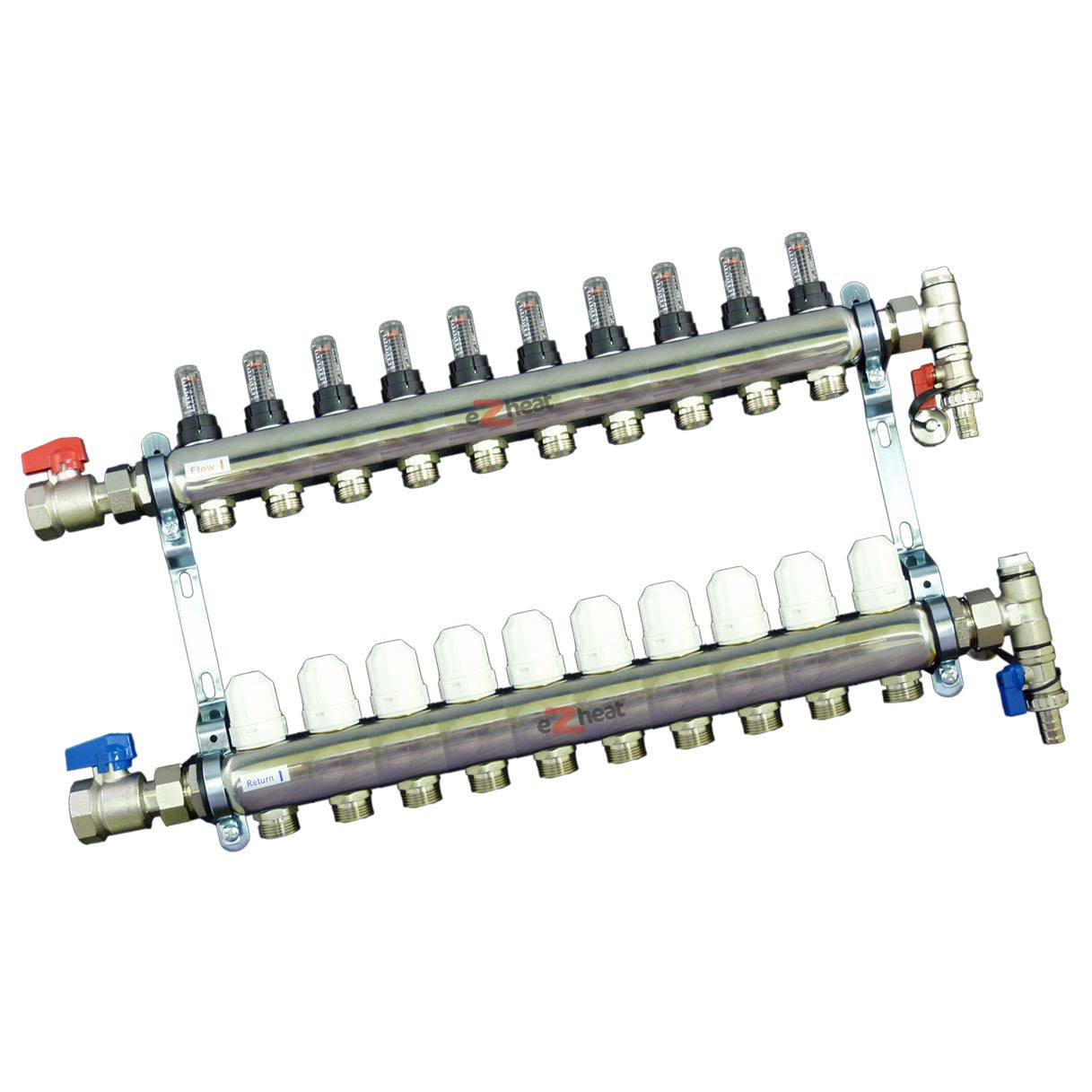 Stainless Steel 10 Port / 10 Loop Underfloor Heating Manifold c/w Ball Valves