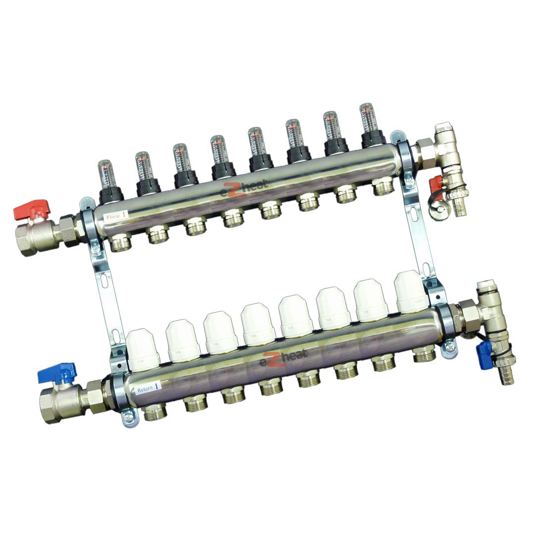 Stainless Steel 8 Port / 8 Loop Underfloor Heating Manifold c/w Ball Valves